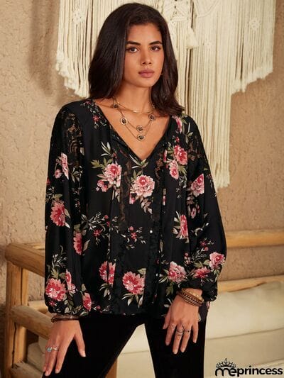 Flower Printed Tie Neck Long Sleeve Blouse