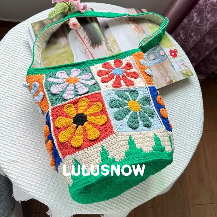 Lulusnow Handmade Green Daisy Granny Square Crochet Shoulder Bag Crossbody Bag Gift For Her/ Christmas/ Valentine's/ Easter/ Mother Day/ St.Patrick's 