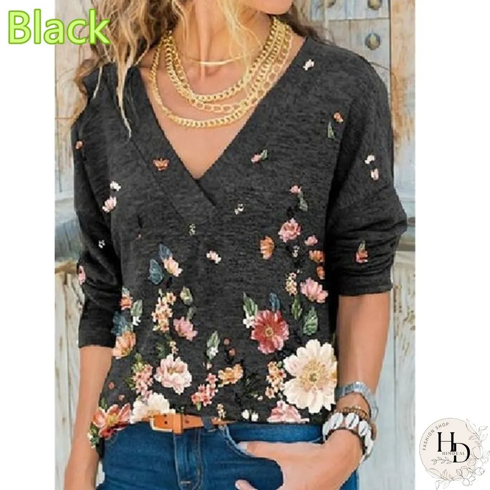 Spring and Autumn New Fashion Womens V-Neck Flowers Print Loose Long Sleeve T-Shirt Casual