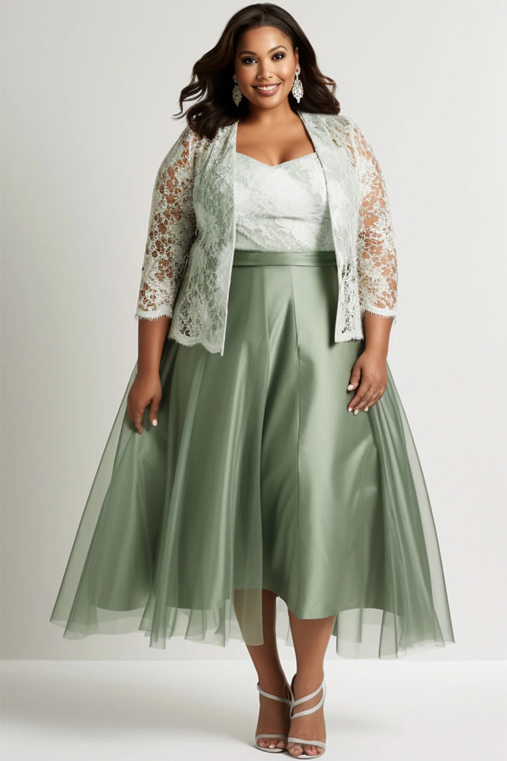 Flycurvy Plus Size Mother Of The Bride Sage Green Lace Mesh Two Pieces Midi Dress With Jacket 2024 - Flycurvy 