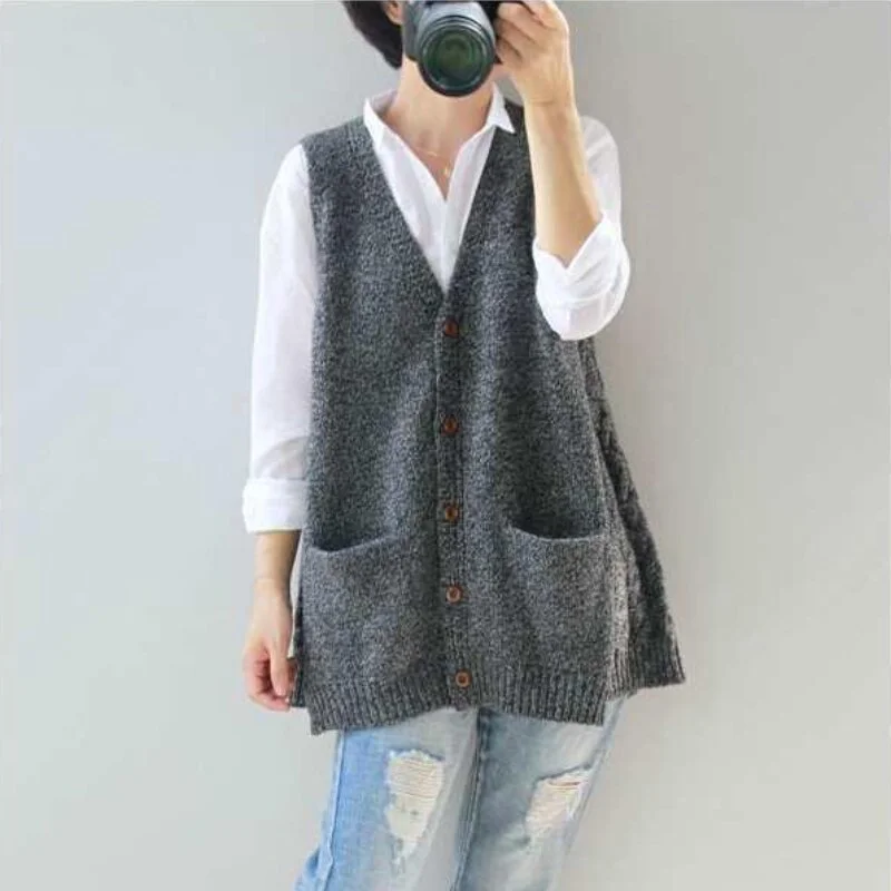 tlbang Vests Women Loose Pockets Casual Solid Elegant Simple Korean Style Daily Soft Design Retro Chic Female Свитер Женский