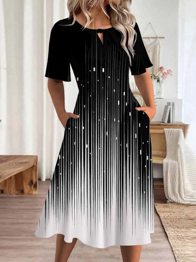 Women Striped,Black DZHA8326 Short Sleeve Scoop Neck Graphic Printed Hollow Midi Dress