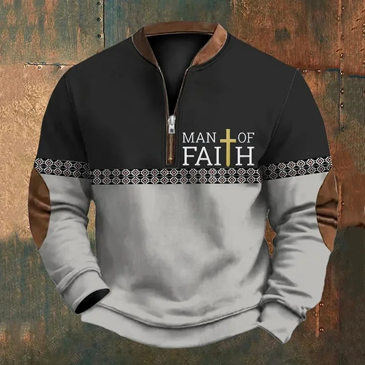Men's Retro Western Style Faith Cross Print Zipper Neck Sweatshirt