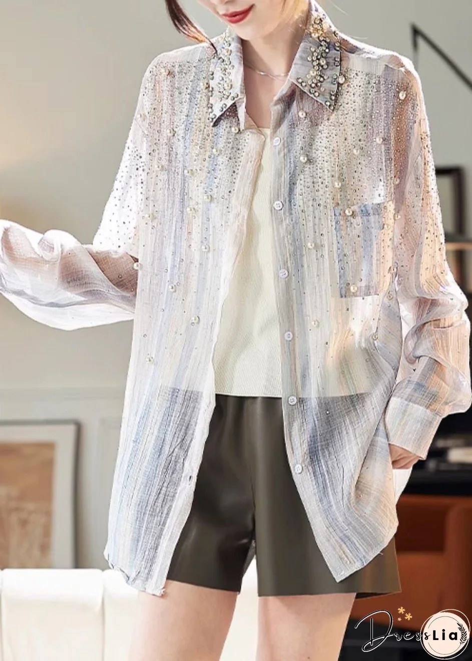 Handmade Blue Peter Pan Collar Nail Bead Shirt Fall