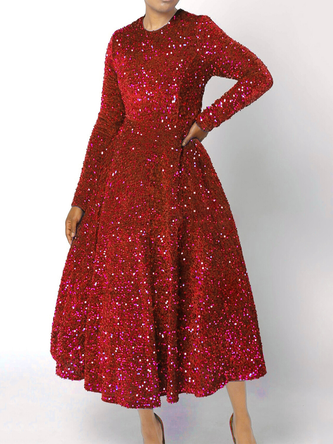 Evening Sequin Crew Neck Long Sleeve Midi Dress