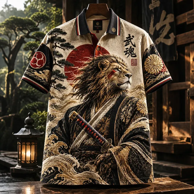 Men's Retro Japanese Art Samurai Lion Print Polo Shirt