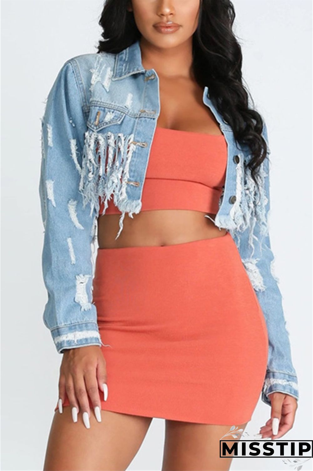 Dark Blue Fashion Hole Tassel Halter Back Navel Denim Coat