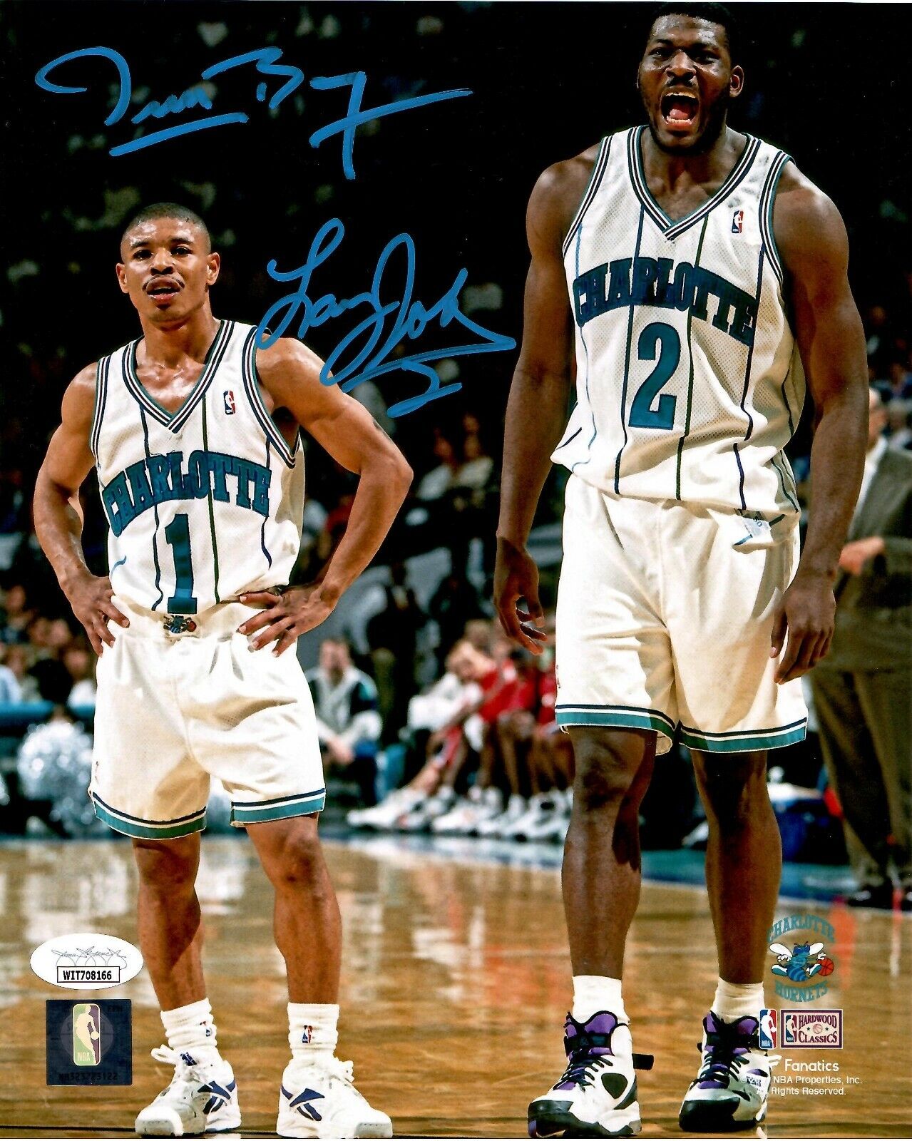 Larry Johnson Muggsy Bogues signed 8x10 Photo Poster painting NBA Charlotte Hornets JSA Witness