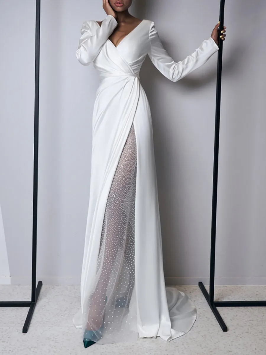 Sexy V-Neck Long Sleeves High Slit Evening Gowns main image 0