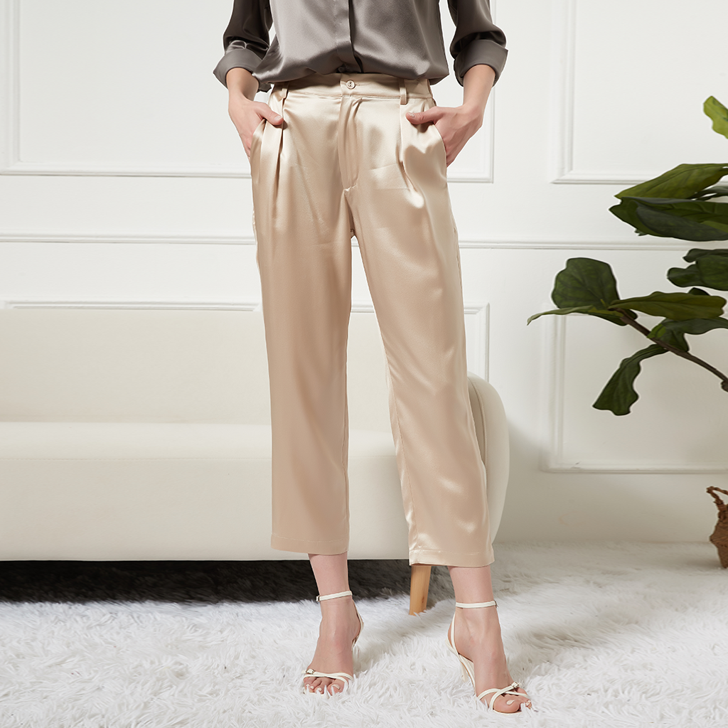 Waistband Button Detail Silk Pants With Pockets Ankle-length Pants REAL SILK LIFE