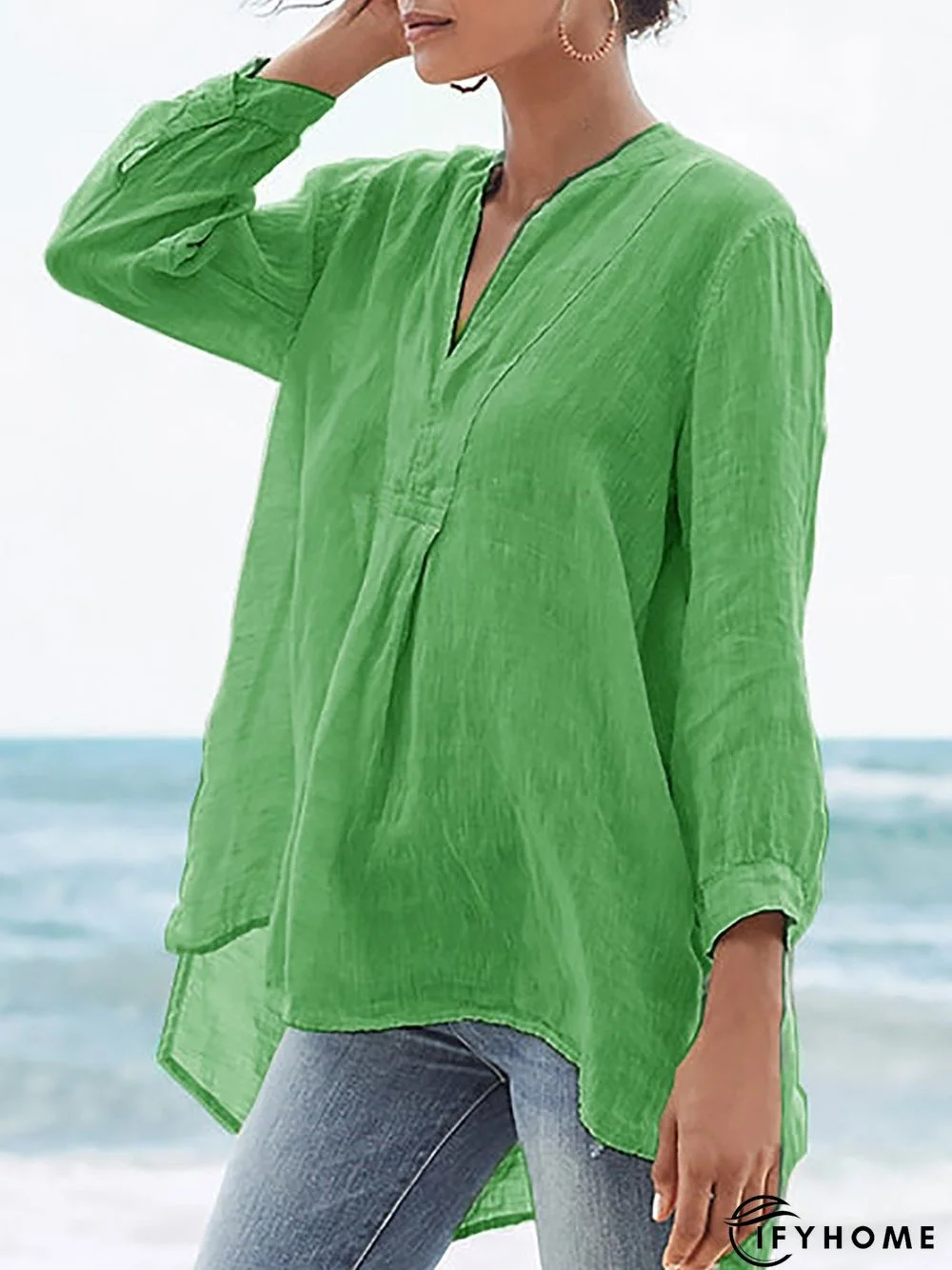 Solid V Neck Casual 3/4 Sleeve Plus Size Shirts | IFYHOME