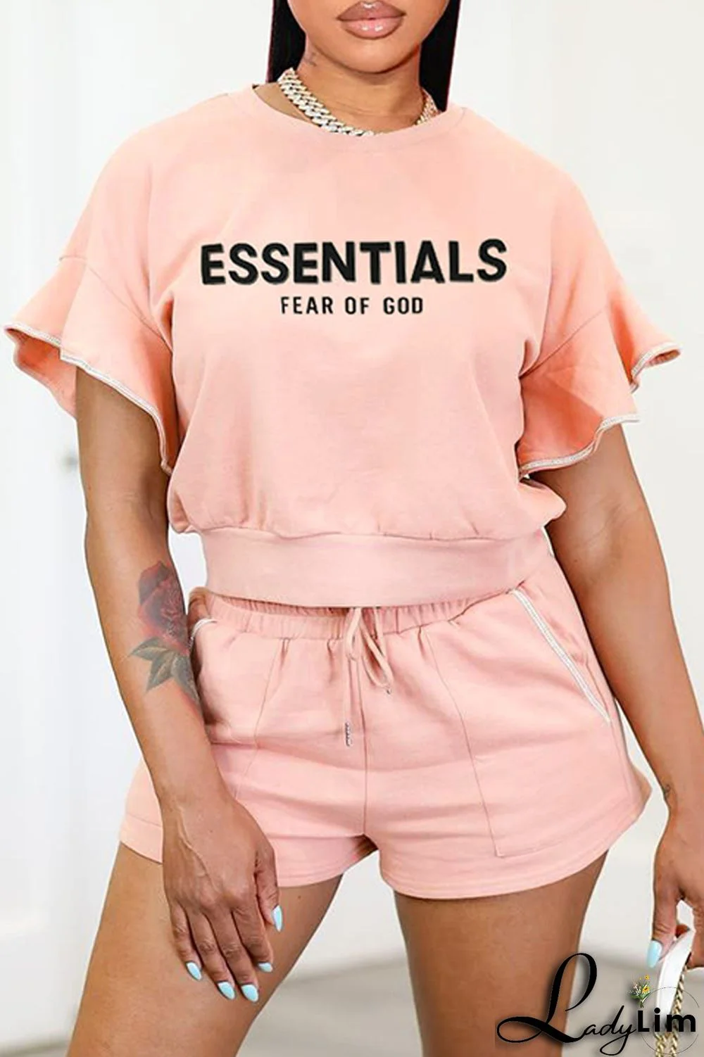 Blue Casual Letter Print Patchwork O Neck Short Sleeve Two Pieces