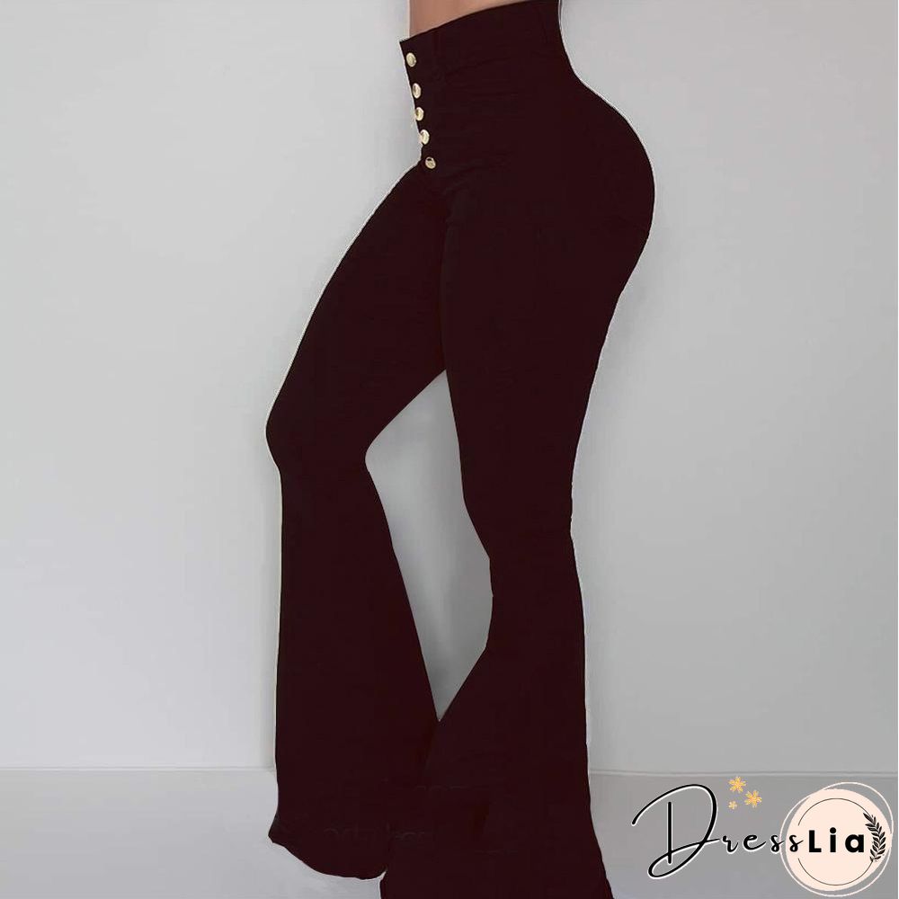 Pure Color Multi-Button Women Bell-Bottomed Pants