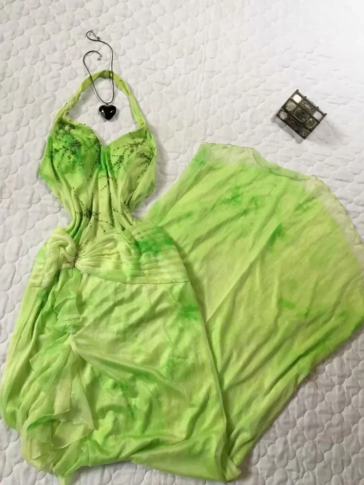 Green gradient suspender long chiffon prom dress 