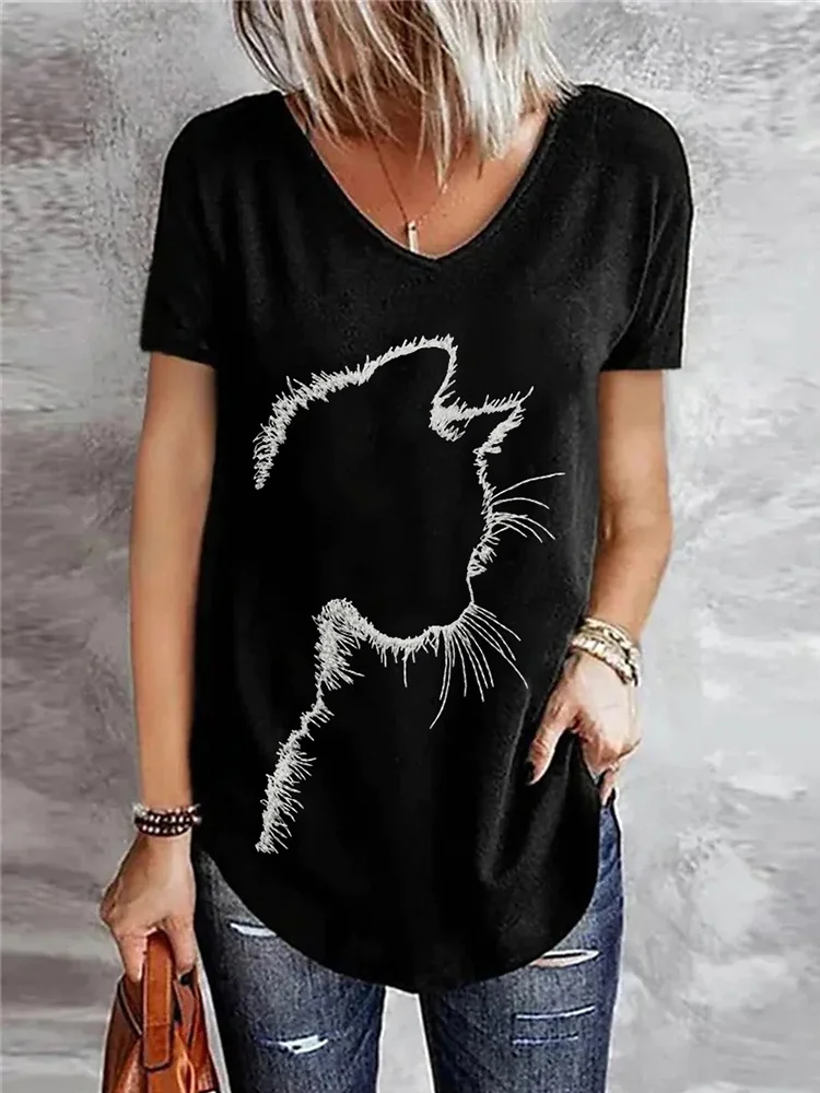 Cat Silhouette Print V-Neck Tee