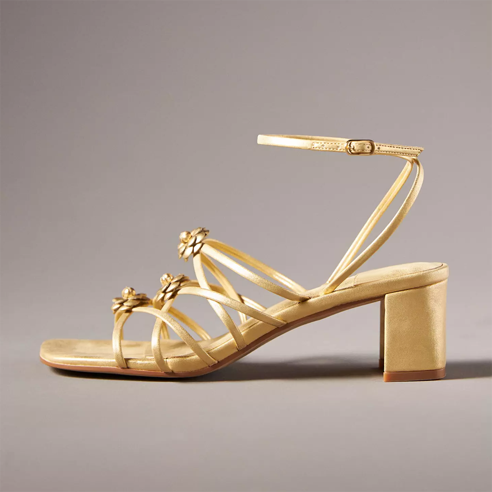 Gold Vegan Leather Square Toe Chunky Heel Criss-Cross Strappy Sandals Nicepairs