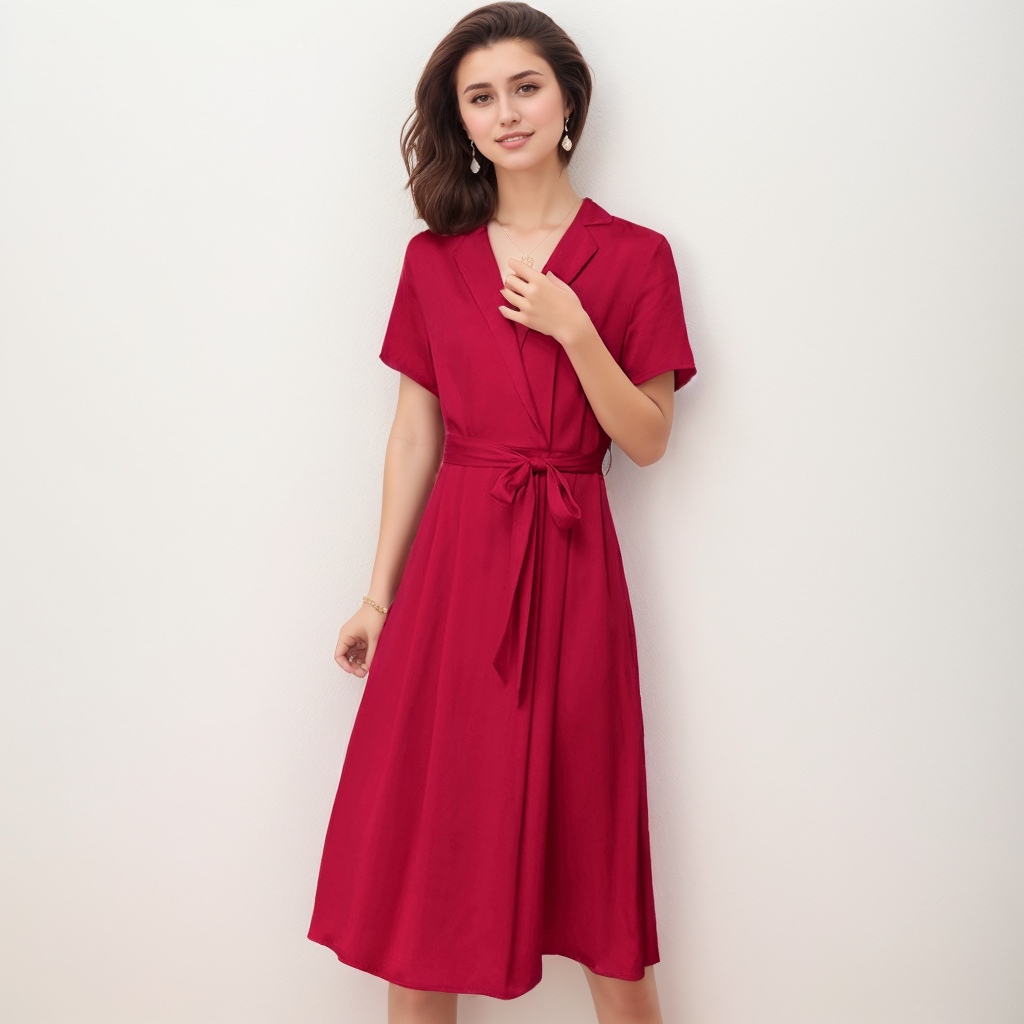 Red Silk Shirt Dress Tie Waist Office Lady Style REAL SILK LIFE