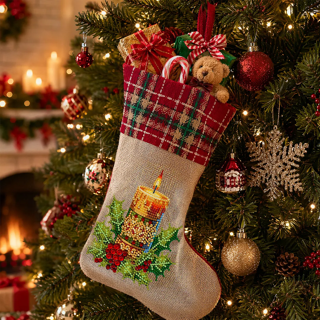 DIY Diamond Painting Christmas Stockings Hanging Ornaments Large Capacity Xmas Socks Pendant Wear Resist Candy Gift Storage Bags for Family Christmas Holiday Party Decoration (Christmas candles)