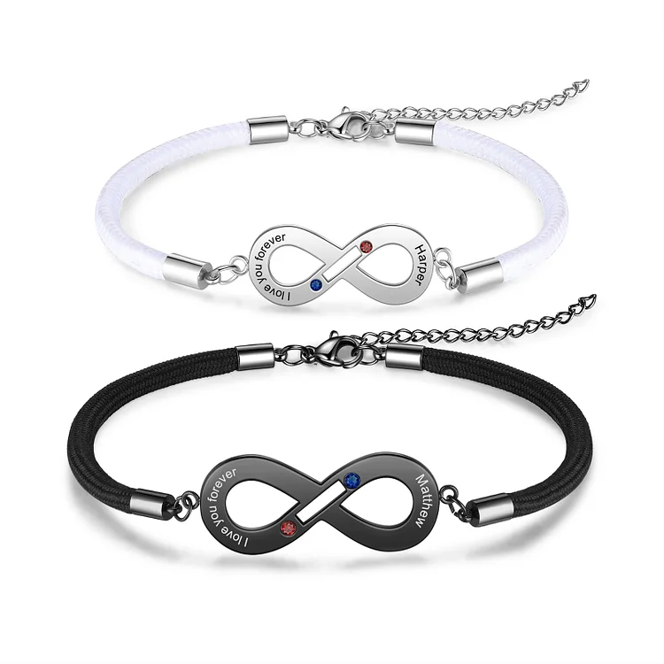 Paar Infinity Armband mit Name, Text und Geburtsstein Graviert, Valentinstag Geschenk Endlosarmband