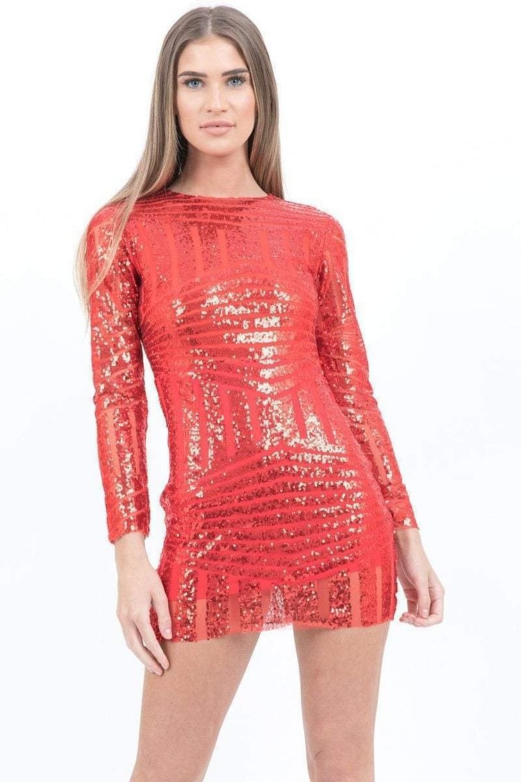 Red Linear Sequin Dress - Celine Katch Me