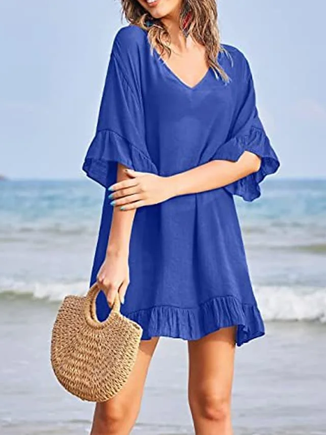 Women's Cover Up Beach Dress Beach Wear Mini Dress Ruffle Casual Plain V Neck 3/4 Length Sleeve Loose Fit Outdoor Daily Black White 2023 Spring Summer One Size