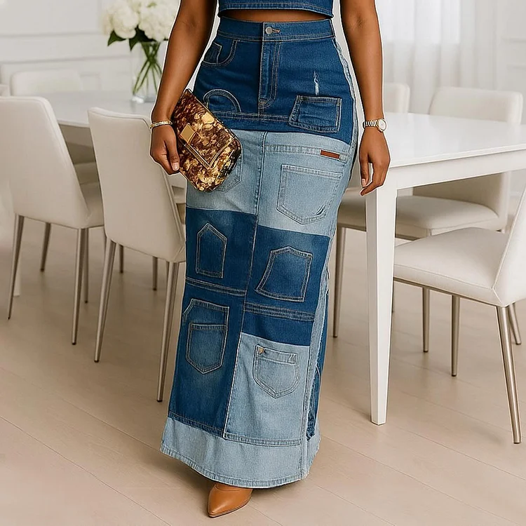 Casual High Waist Patchwork Denim Maxi Skirt
