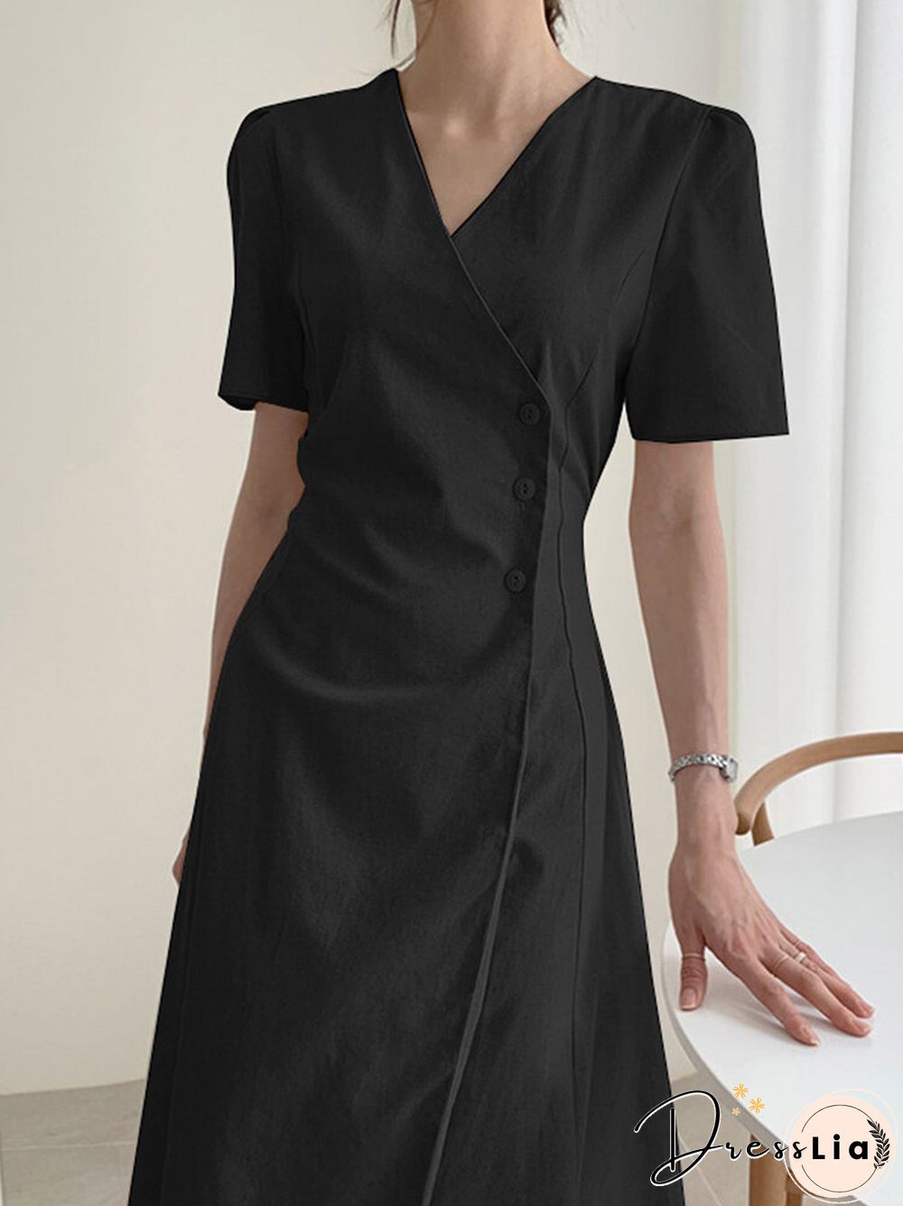 Solid Warp Button Front V-neck Short Sleeve Casual Dress
