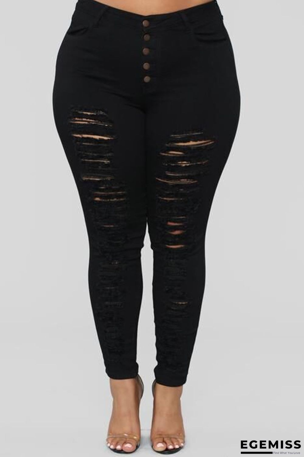 Black Fashion Casual Solid Ripped Plus Size Jeans | EGEMISS