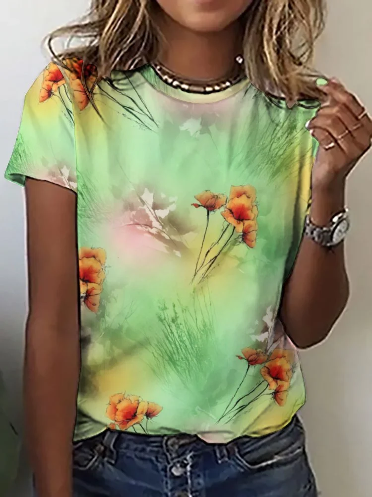 Printed Short Sleeve Casual T-shirt for  Women and Men Unisex Pattern Floral, Green, Orange