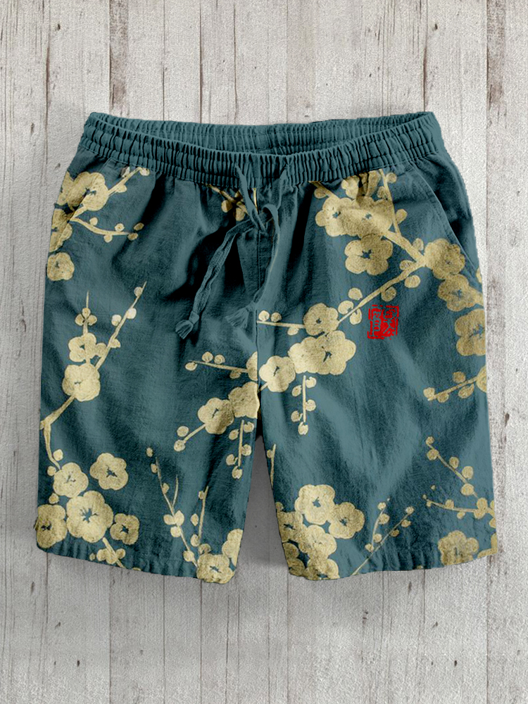 Comstylish Japanese Plum Blossom Art Linen Blend Casual Shorts
