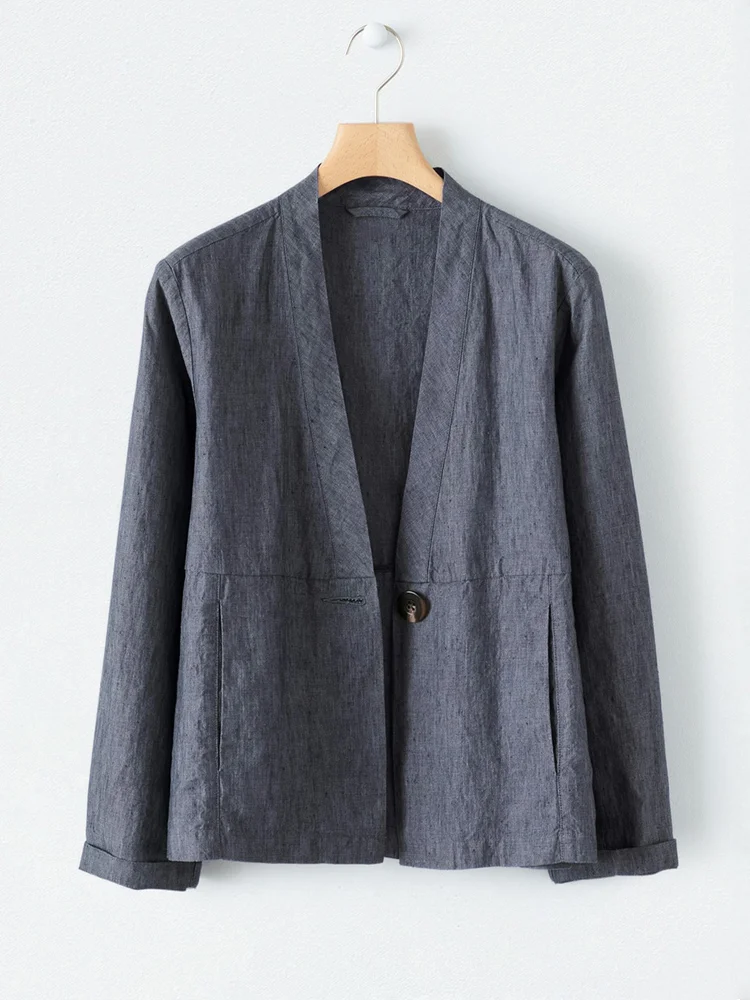 Casual V Neck Panelled Linen Blend Jacket