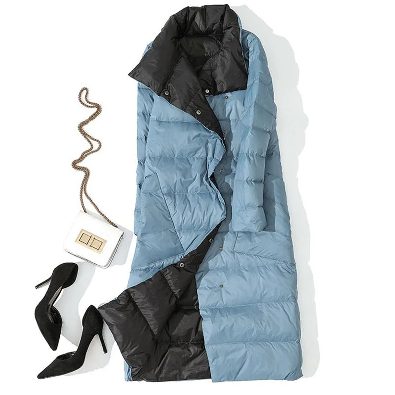 FTLZZ Women Double Side Long Jacket Winter Ultra Light White Duck Down Parka Breasted Plus Size 3xl Female Outwear