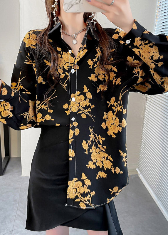 VCSHOES Black Peter Pan Collar Button Print Chiffon Shirt Tops Spring