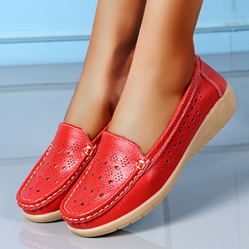 Casual Soft Hollowed Out Women Leather Flat Shoes