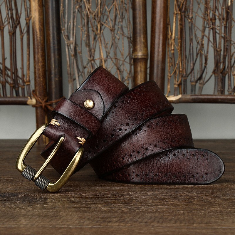 Vintage Fashion Hollow Design Head Layer Cowhide Men's Pin Buckle Belt DANRRIO.COM DANRRIO