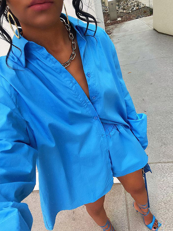 Solid Color Long Sleeve Shirt And Shorts Set