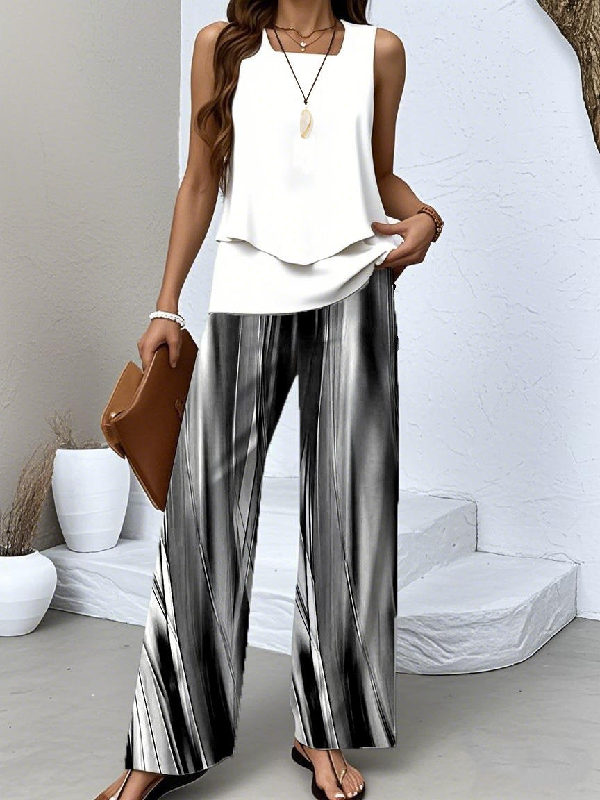 Women's Sleeveless Square Collar Striped Graphic Printed Casual Set
