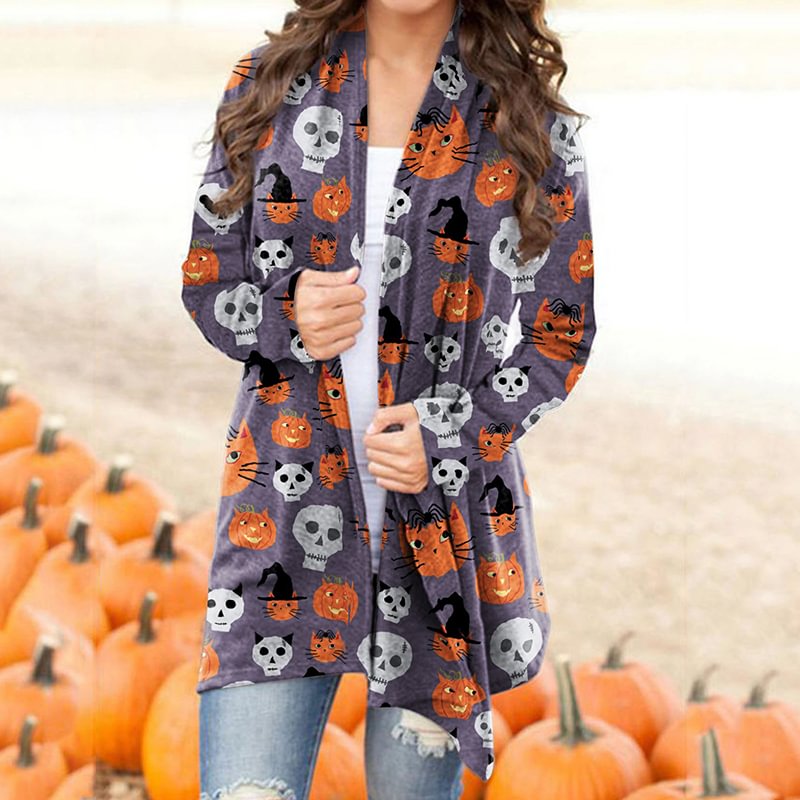 Skull Pumpkin Halloween Elements Long Sleeve Knit Cardigan