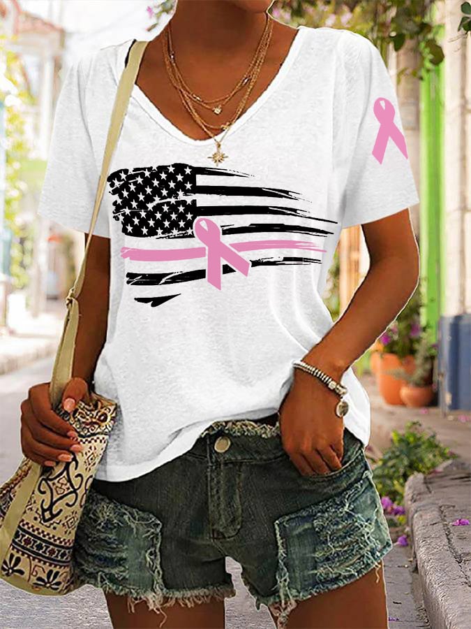 Women's Pink Ribbon American Flag Breast Cancer Awareness Warrior V-Neck Tee