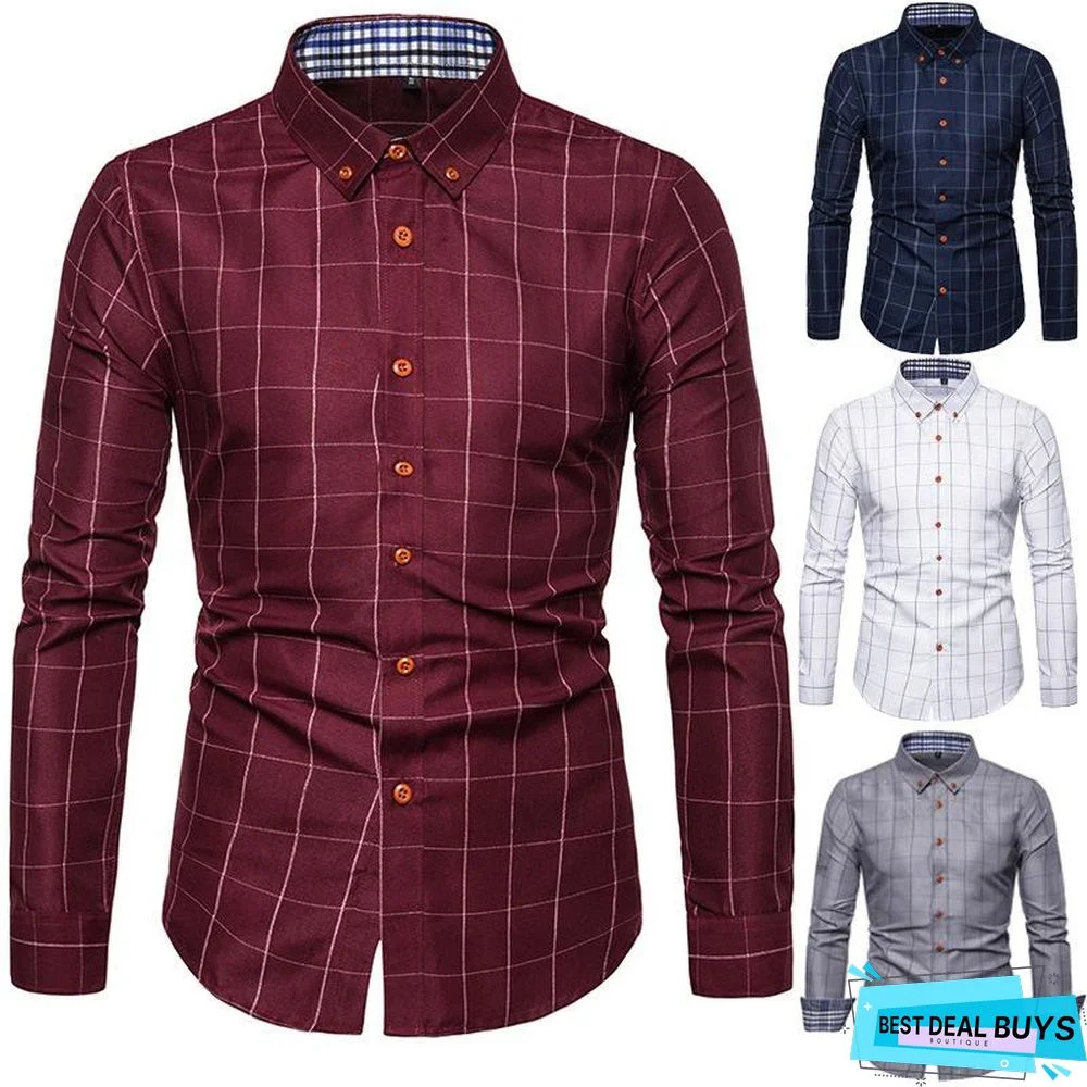 Spring/Autumn Mens Long Sleeve Plaid Cotton Shirts