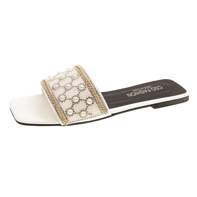 Tanguoant Tanguoant Version Of Beads Type Flat Bottom Slippers Female Slippers Square Head One Foot Pedal Home Pearl Slippers Female