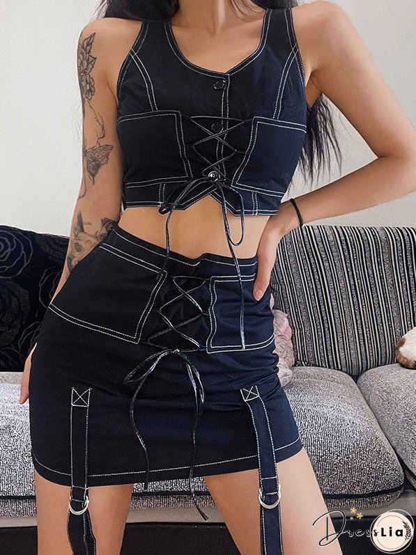 Topstitched Contrast Slim Short Skirt