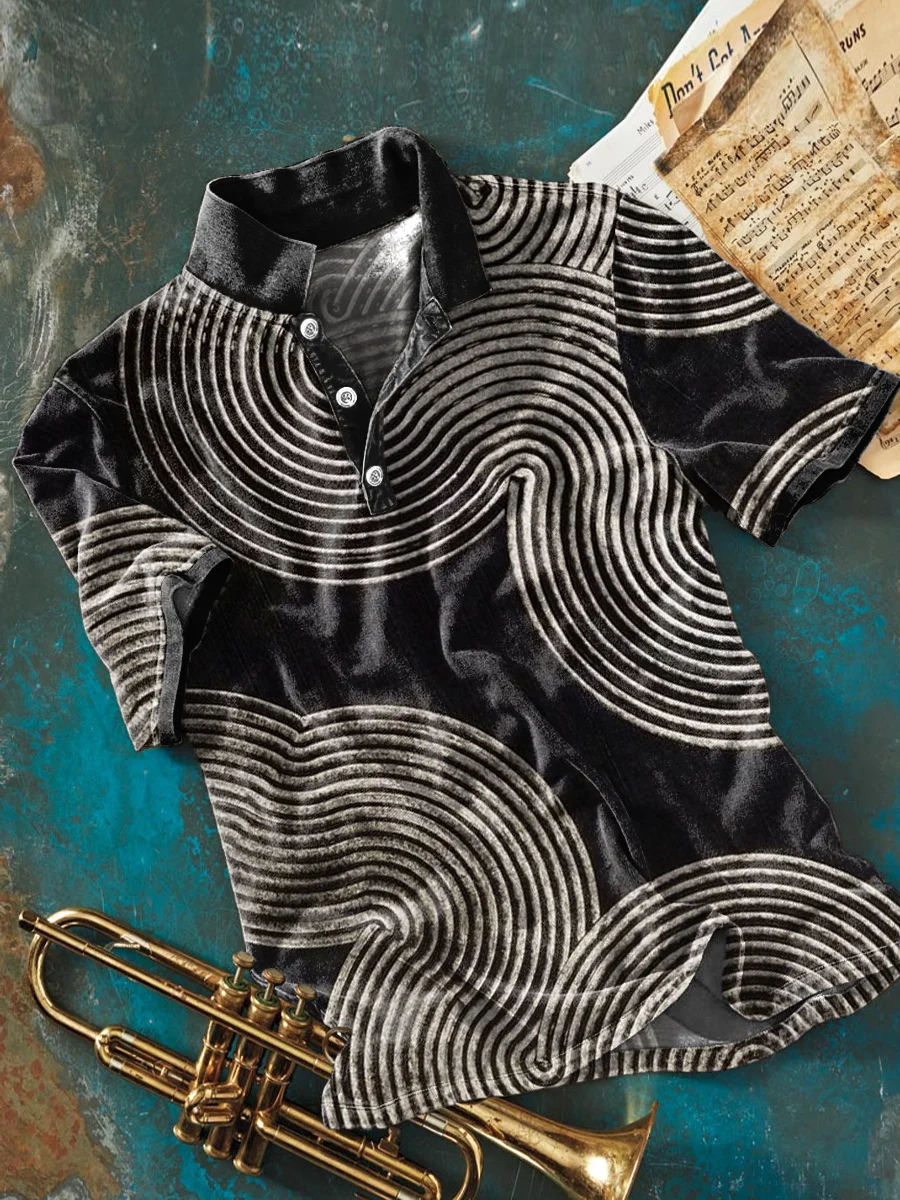 Vintage Abstract Line Scallop Print Casual Short Sleeve Polo Shirt