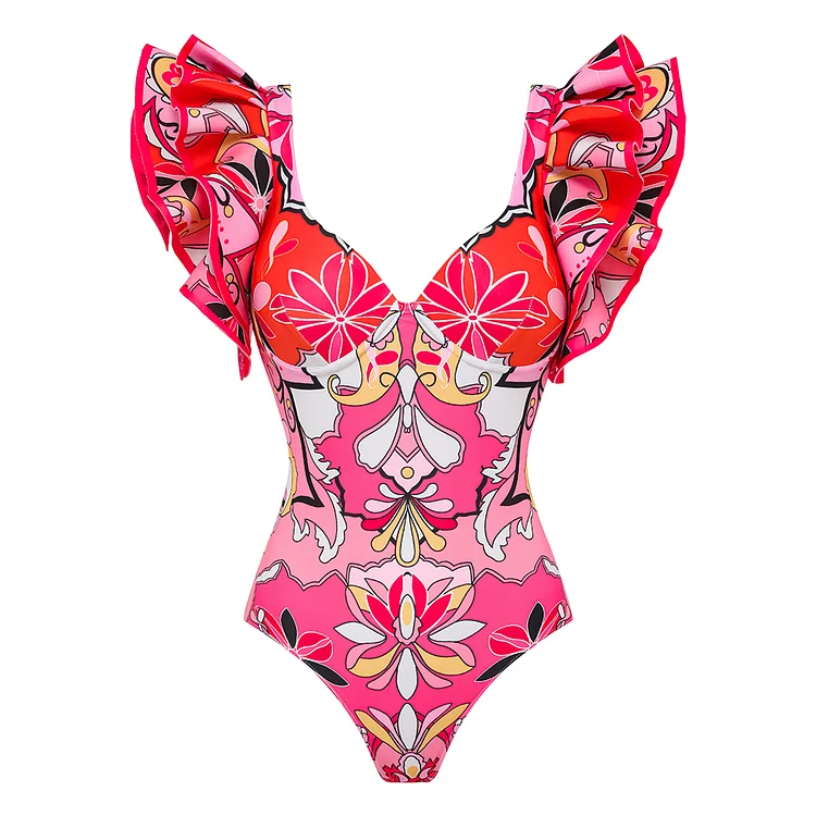 Ruffle Sleeves Red and Pink Pattern One Piece Swimsuit and Skirt