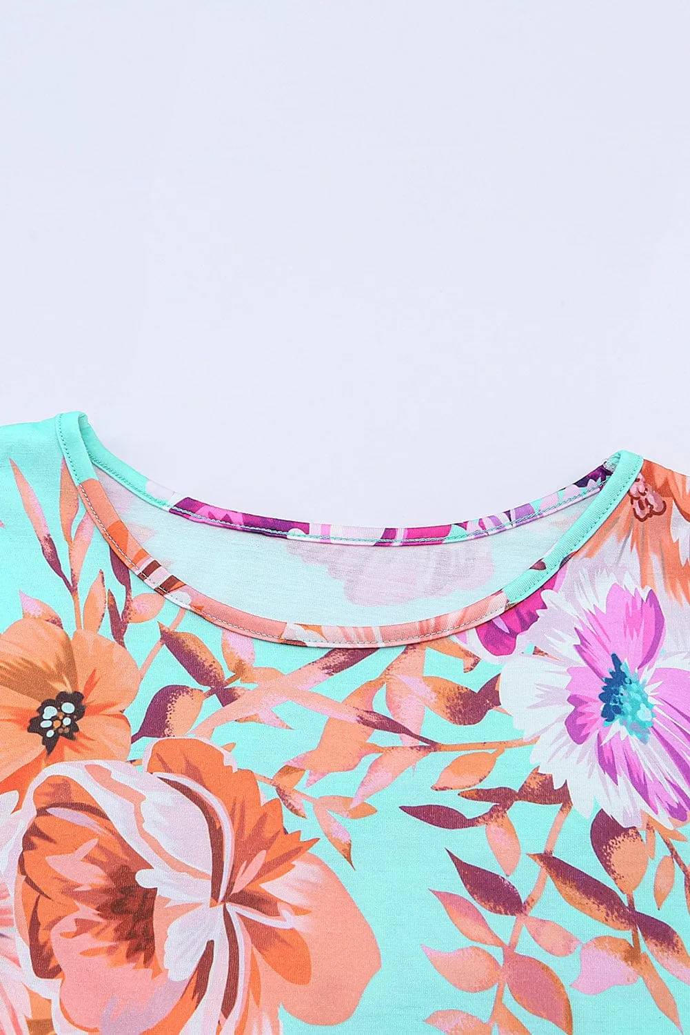 Floral Print Sky Blue T-shirt Dress with High Waist