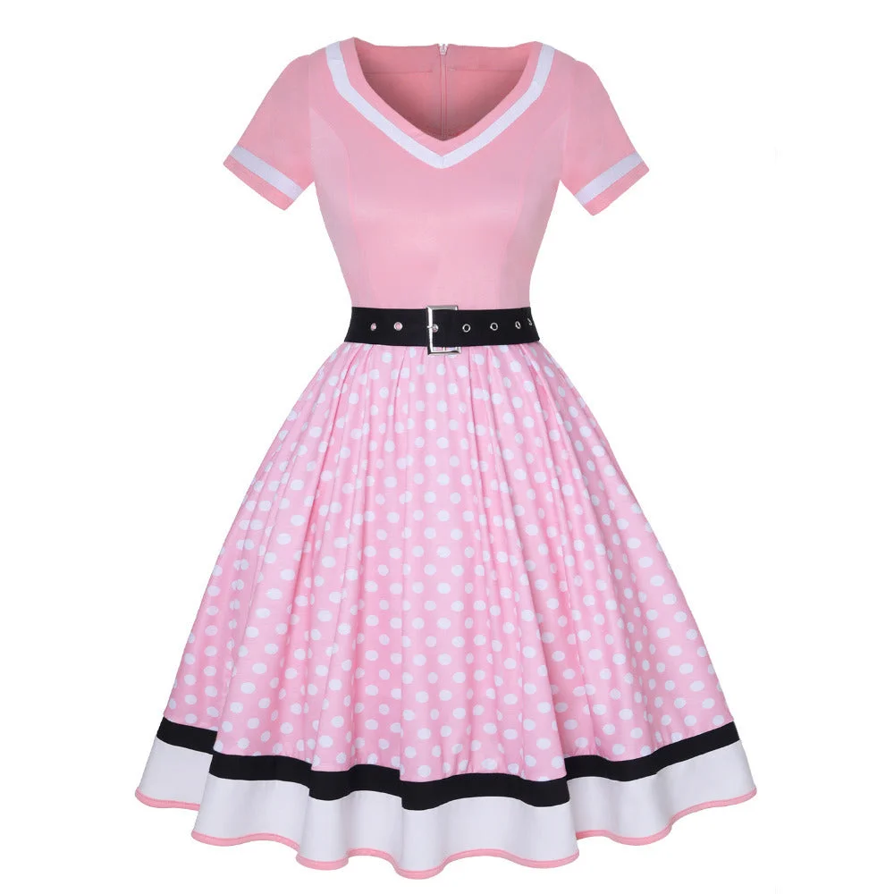 Uveng Cotton Pleated Skirt V-neck Dot Swing Dress