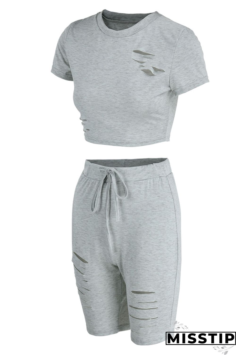 Black Casual Solid Ripped Patchwork O Neck Short Sleeve Two Pieces