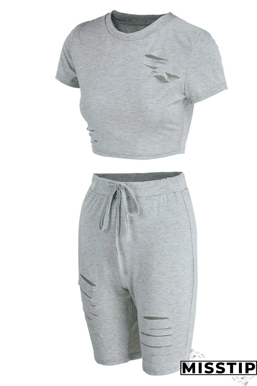 Black Casual Solid Ripped Patchwork O Neck Short Sleeve Two Pieces