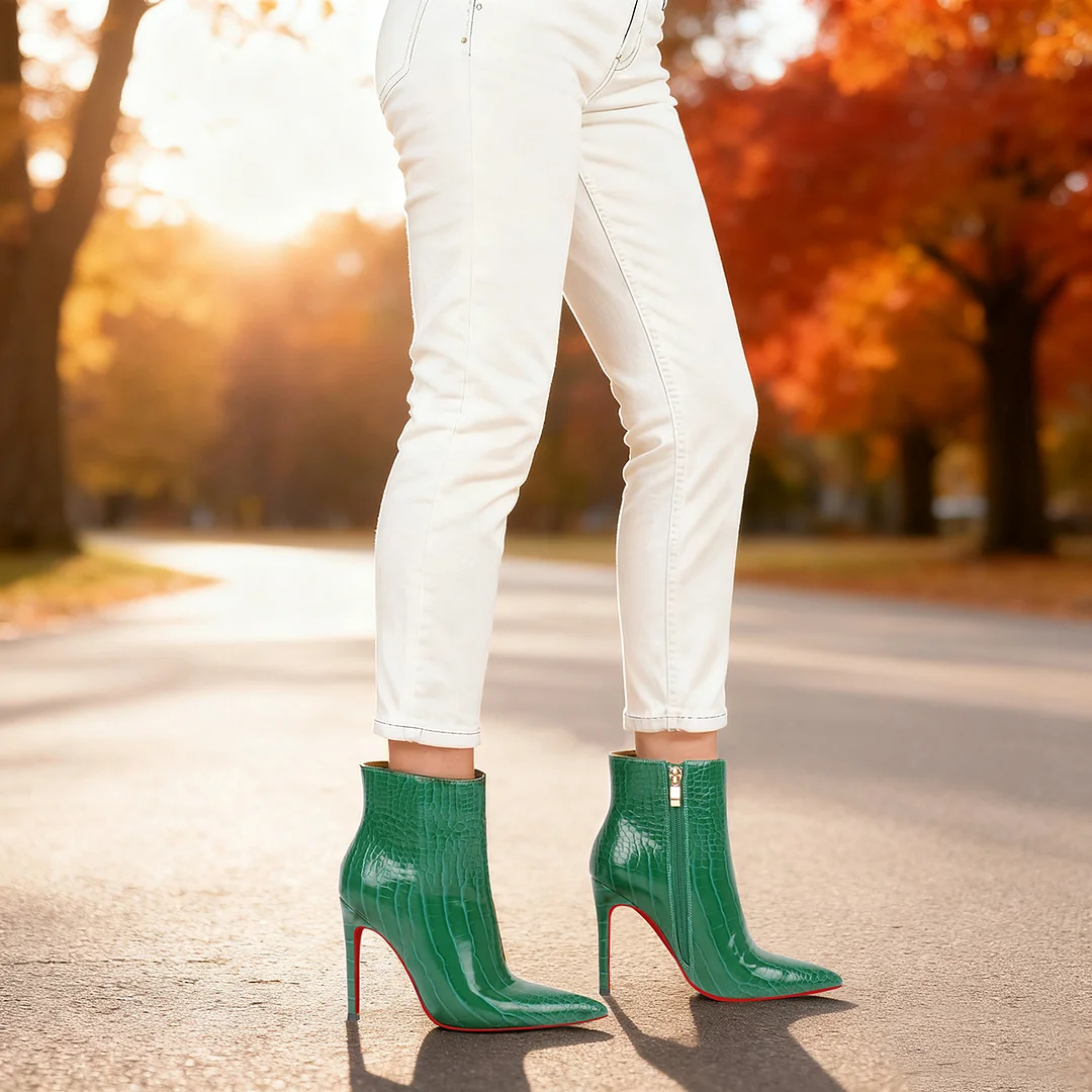 100mm Red Bottom Women's Closed Pointed Toe Stilettos Ankle Boots-MERUMOTE