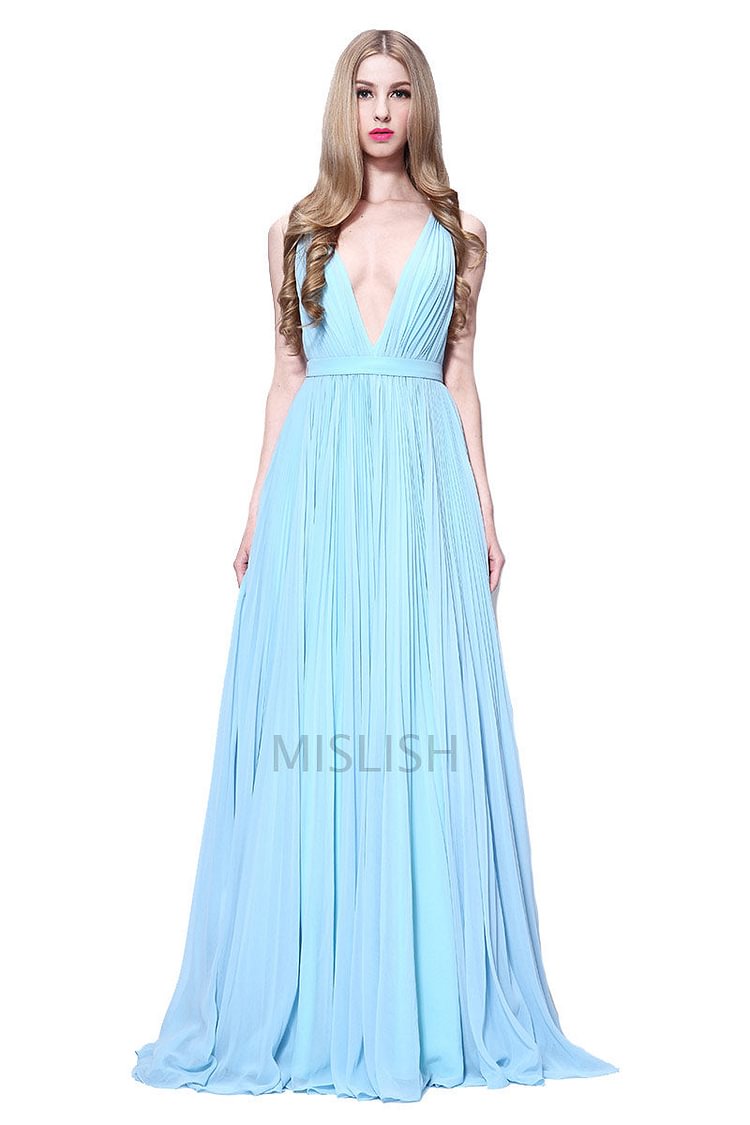 Light Sky Blue Deep V-neck Sleeveless Prom Dress - Life is Beautiful for You - SheChoic
